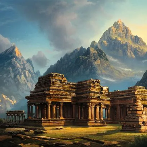 Prompt: Large Ancient Temple with mountains in the background, with a sunset, perfect composition, hyperrealistic, super detailed, 8k, high quality, trending art, trending on artstation, sharp focus, studio photo, intricate details, highly detailed, by greg rutkowski, illustration, watercolor