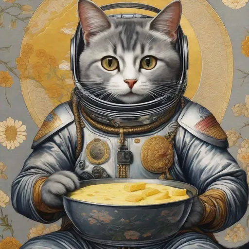 Prompt: 15th Century Japanese painting of a grey cat in a space suit eating butter. Exquisite Detail Everything is perfectly to scale, Aesthetically Brilliant with a cool ambience HD, UHD, 8k Resolution, Vibrant Colorful Award winning 