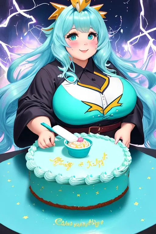 Prompt: oil painting, UHD,  8k, Very detailed face, panned out, cute chubby female lightning elemental, she is gluttonously devouring an extremely large cake, causing her clothes to be stained, chubby cheeks, fat thighs, fat belly, she has flowing hair, she wears a very tight turquoise Japanese skirt with frosting stains on it, a turquoise cloth across her chest, she is bursting out of her clothes, she is laying down on the ground,  