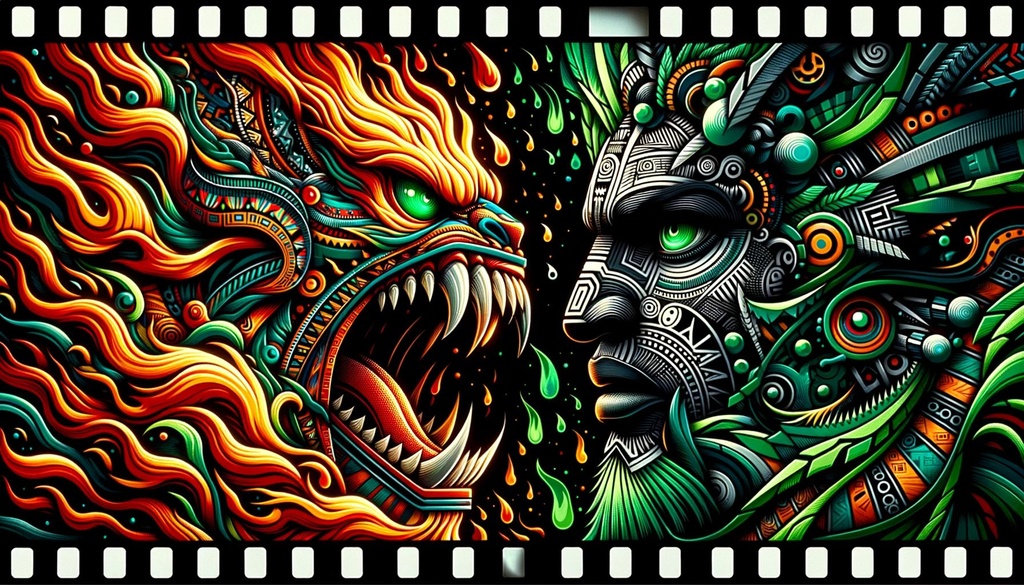 Prompt: flaming monster and a face, both prominent and fierce, merged in a dynamic confrontation, inspired by the style of vibrant graffiti murals, with ndebele patterns, green and black hues dominate, enriched by meiji art elements, presented in a wide cinematic sheet film ratio.