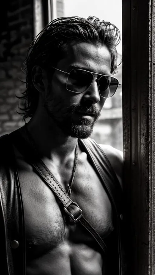 Prompt: Sensual, shirtless, rustic man from a random country, wearing sunglasses and a leather harness with many straps, in an abandoned place near a window, cinematic, close-up portrait, grayscale, hyperrealistic, hyperdetailed, ambient light, perfect composition, provocative, textured skin, high contrast.