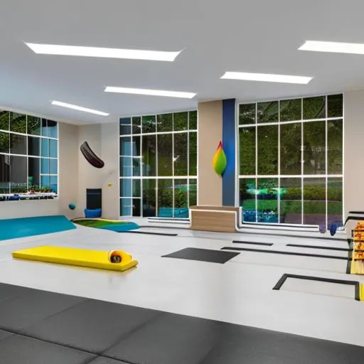 Prompt: A high-end, stylish, family fitness center offers physical activities for families, there is a climbing wall for kids. the walls may feature pastries-shaped handholds and footholds. {style}, soft smooth lighting, soft colors, 100mm lens, 3d blender render. 