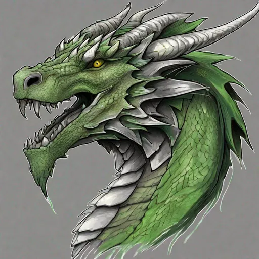 Prompt: Concept design of a dragon. Dragon head portrait. Coloring in the dragon is predominantly dark gray with subtle green streaks and details present.