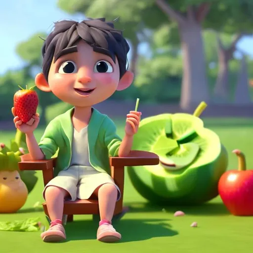 Prompt: A young (animated) boy,  siting on a chair in a park (drinking a veggie smoothie), and then he transformes in a (cute) avatar of veggies and fruit!
