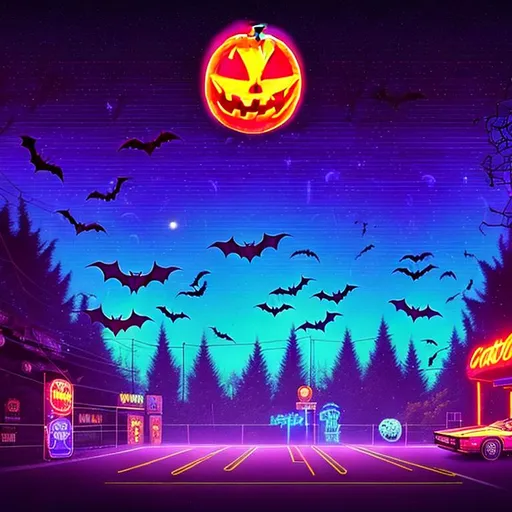 Prompt: sythwave, neon purple blue and red lights, 80's arcade environment, retro cars, halloween, big mall background, gorgeous starry night with full yellow clear moon , a parking lot in the front, kids playing, couple of bats flying near the moon, far far behind is a visible forest top cone, pumpkins on the ground