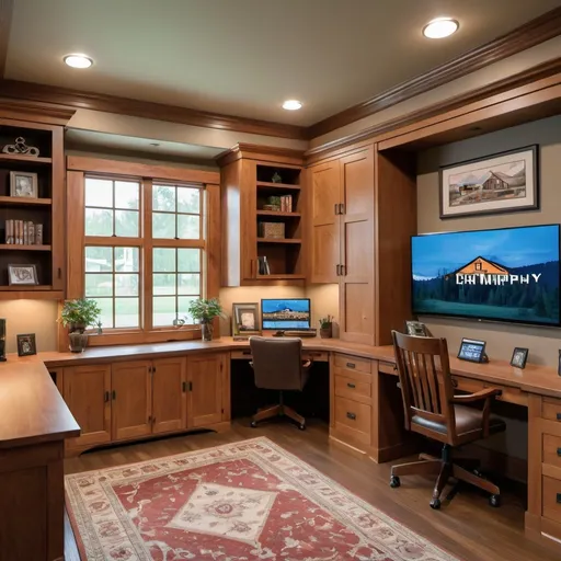 Prompt: A large home office decorated in the craftsman style with smart home features, a murphy bed, and wall mounted a flat screen tv.


