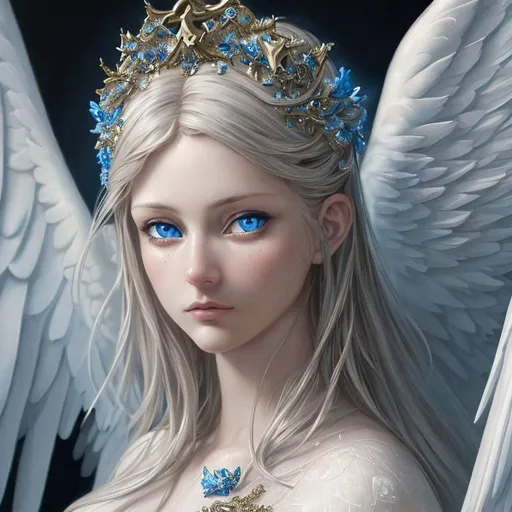 Prompt: Hyperrealistic painting of an adult angel daytime, blue eyes, somber, 16k, highly detailed, exquisite , highly detailed, intricate details, beautiful, flawless, masterpiece, soft dramatic moody lighting, radiant aura, ultra high quality octane render, hypermaximalist