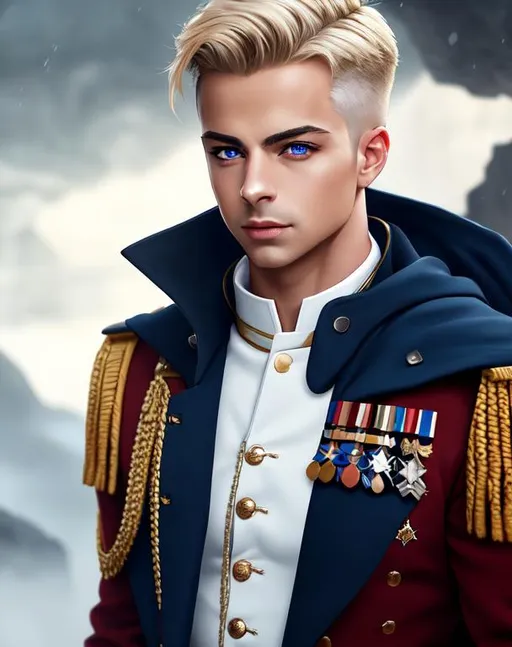 Prompt: Joey Lawrence, 23 years old, Austrian white military uniform, sleeveless, determined, fierce, hero, dirty, cloak, dramatic, human, cinematic lighting, caustic, cave background, blonde short hair, blue eyes, battlefield, ethereal, jewelry set,handsome, royal vibe, highly detailed, digital painting, Trending on artstation , HD quality, tan skin,artgerm, by Ilya Kuvshinov