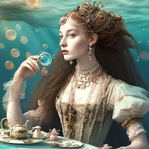 Prompt: woman in 16th century dress underwater tea party.  hair, elaborate hair, fabric, lace, bubbles. jewels, queen.  deep water.