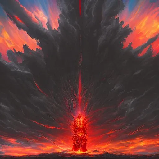 Prompt: (mega detailed) (4x+anime) Dark demon god standing, 100 feet tall, (black and red armor) (Black and red lightning blot imprint) black and red lightning skies. large sword in his hand, burning city behind