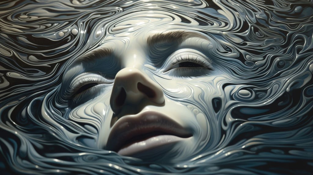 Prompt: vector in a realm of patterned waters, a lined face materializes from the ripple-touched depths