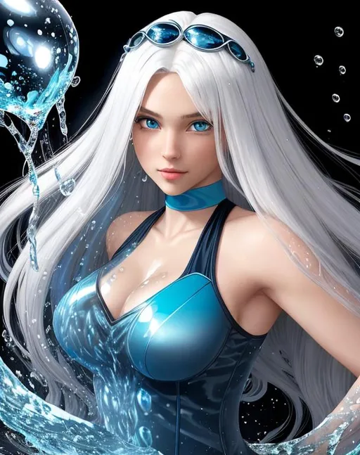 Prompt: A beautiful young 15 year old ((British)) Water elemental with light skin and a beautiful face. She has long white hair and white eyebrows. She wears a beautiful dark blue dress. She has brightly glowing dark blue eyes and water droplets shaped pupils. She wears a blue tiara. She has a blue aura around her. She is using water magic in battle against a space monster at the beach. Epic battle scene art. Full body art. {{{{high quality art}}}} ((goddess)). Illustration. Concept art. Symmetrical face. Digital. Perfectly drawn. A cool background.