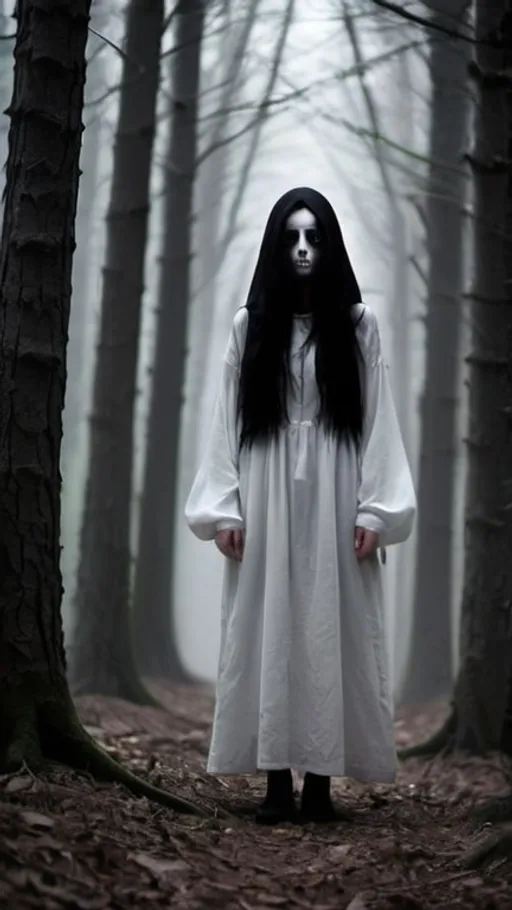 Prompt: Ghost with beautiful eyes, scary, in the forrest