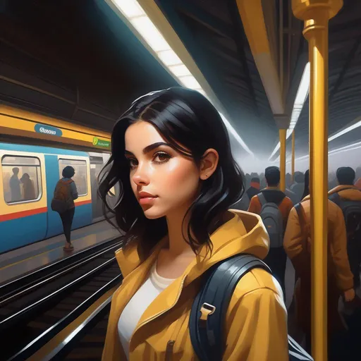 Prompt: Third person, gameplay, Brazilian girl, pale skin, black hair, brown eyes, 2020s, smartphone, São Paulo subway station, foggy, golden atmosphere, cartoony style, extremely detailed painting by Greg Rutkowski and by Henry Justice Ford and by Steve Henderson 