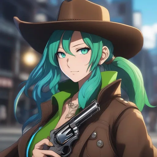 Prompt: She has a long, distinctive neon-green that fades to neon-blue hair in a ponytail, green and blue eyes, wearing a long brown coat, grey vest, denim pants, black cowboy boots, holding a pistol, wearing a brown sheriff's cowboy hat, 8k, UHD, heavily detailed, anime style
