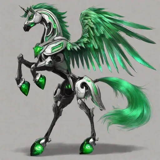 Prompt: Your OC is a small twisted pegasus bipedal animatronic, with focused emerald eyes. They identify as male, and have a high-pitched voice. As an accessory, they have nothing, and they can be seen holding a weapon for safety. standing on two legs
