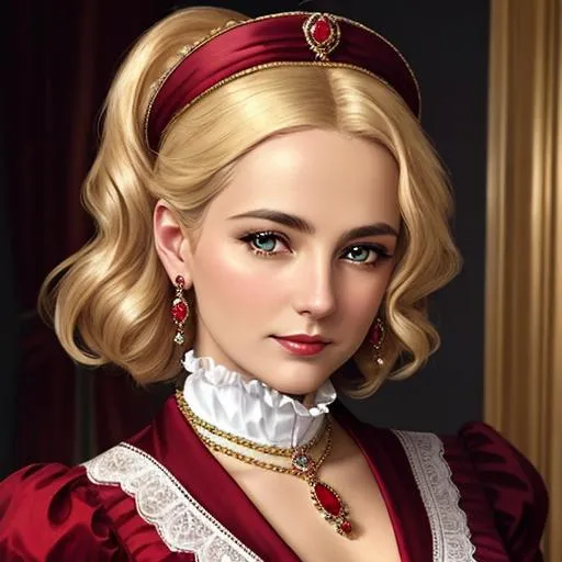 Prompt: Wealthy, stylish lady of the Victorian era, blonde hair, wearing ruby and gold jewelry, wearing ,facial closeup