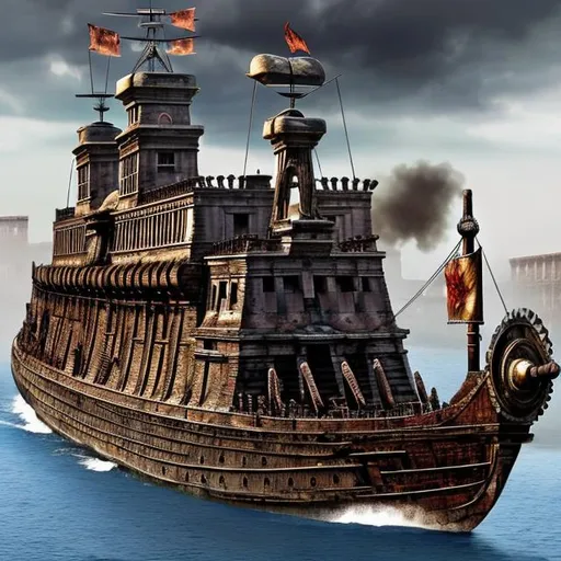 Prompt: Ancient Roman Battleship, Iron, Wood, Spears, Cannons, Ancient, Rome