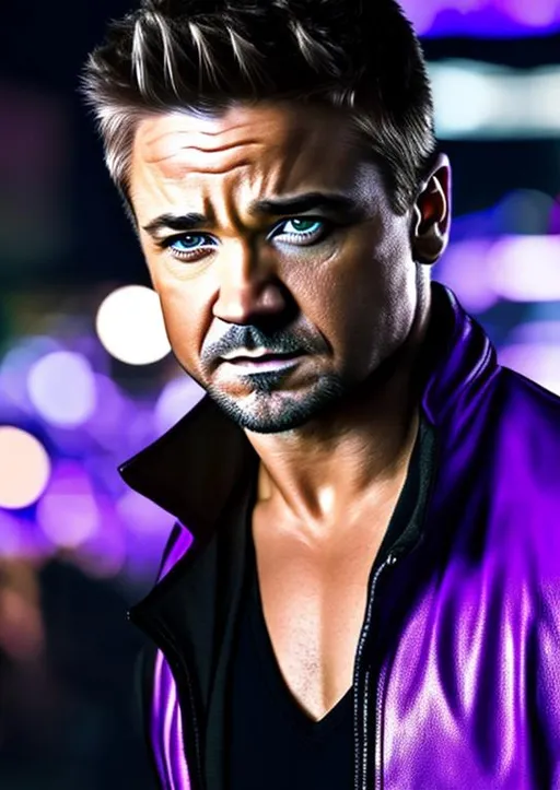 Prompt: High-resolution hyperrealistic photo of jeremy renner hawkeye merged with {colin farrell bullseye}, {{harsh skinfade}}, black and purple and white costume, uhd, hdr, 64k