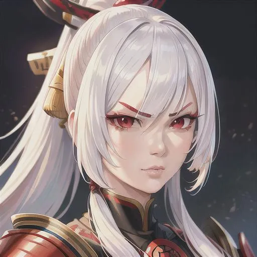 Prompt: (masterpiece, illustration, best quality:1.2), shimada hairstyle, white hair, red eyes, wearing samurai armour, portrait, (mean face), best quality face, best quality, best quality skin, best quality eyes, best quality lips, ultra-detailed eyes, ultra-detailed hair, ultra-detailed, illustration, colorful, soft glow, 1 woman, mature woman, samurai theme