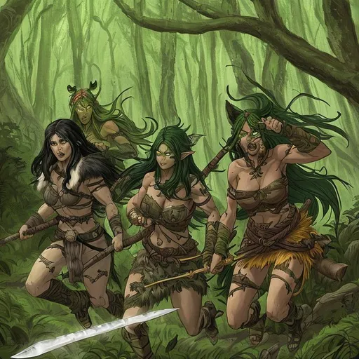 Prompt: There are three  tall and muscular women and all of them have dark green skin, pointed ears and sliver hair.  Their eyes are yellow. They are wearing animal skins, carrying bone weapons, running forwards. Their faces are angry. The background is a forest in day. Heroic fantasy art. Action shot.