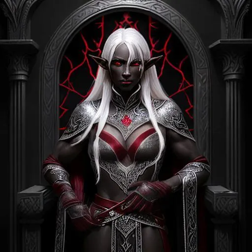Prompt: A Drow elf female with a handsome European face, ebony skin, glowing fully red eyes and long straight ashen white hair standing in a dark barely lit throne room and wearing a set of rich fine clothes made of red velvet and black leather that are embroidered with delicate web like designs made of silver.