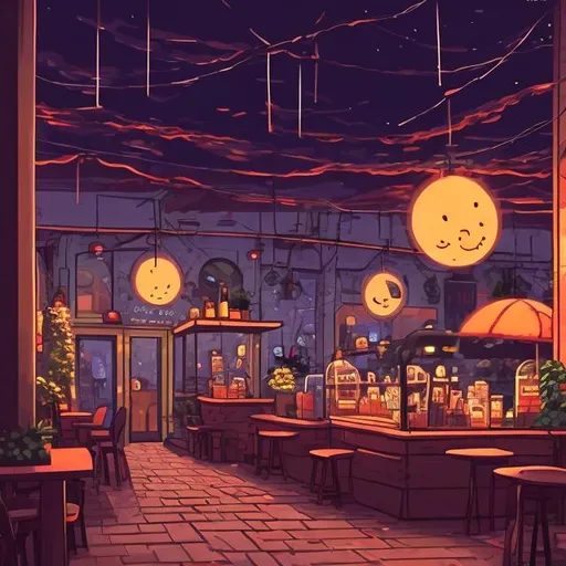 Prompt: Cozy lofi cafe background night 
scene