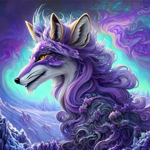 Prompt: masterpiece:1.5, detailed oil painting, insanely detailed, Best Quality:1.5) insanely beautiful wise vixen fox, ageless, ice elemental, lavender pelt, (veiled in auroras), psychedelic colors, (calm hypnotic eyes gleaming amethyst-violet), calm regal smile, stands majestically on a celestial mountain, gorgeous frosted silver mane, insanely detailed fur, insanely detailed eyes, insanely detailed face, slender, (magic violet highlights in fur), crackling lightning, ice storm, (lightning halo), tilted halo, lightning charged atmosphere, enchanting moonlight beaming through clouds, 64K