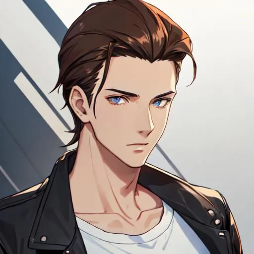 Prompt: Harrison (male, brown slicked back hair) casual wear, drifter
