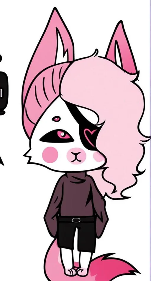 Prompt: Pink punk hair, pink fennec fox, black pink eyes, with a black eyepatch on the right eye with a pink heart shape on the black eyepatch, with pink cheeks, dark brown long sweater with sleeves, black pants with a black belt