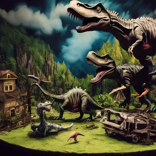 Prompt: Dinosaur diorama in the style of Tim Burton 