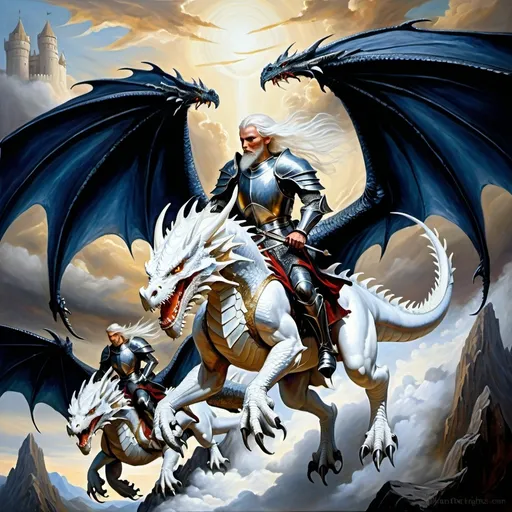 Prompt: Dragon riders Chivalric Knights in realistic oil painting, flying through the sky in combat, majestic white dragons with vibrant white scales and fur, white ethereal wings, flowing white hair, fierce expression, mythical landscapes, high fantasy, Dragon riders Chivalric Knights in realistic oil painting, flying through the sky in combat, majestic Black dragons with vibrant  dark blue metallic scales, dark ethereal wings, flowing, fierce expression, mythical landscapes, high fantasy,oil painting, vibrant colors, epic scale, detailed armor, stunning face, atmospheric lighting, professional, highres, fantasy, oil painting, dragon rider's Knights, flying, majestic, Dragon's face is bearded, ethereal, fierce expression, pale colors, high fantasy