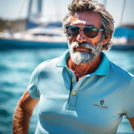 Prompt: photo of a confident, healthy, German, 45 year old, haired, grey bearded sailor looking magical and handsome wearing a turquoise polo shirt and sun glasses
while pulling the anchor on a raceboat.



