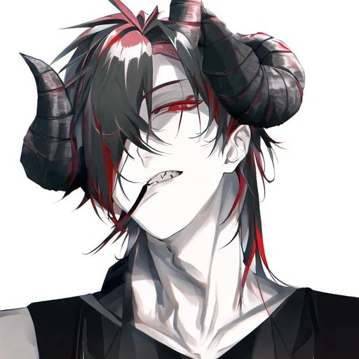 Prompt: Zerif 1male (Red side-swept hair covering his right eye). demon horns