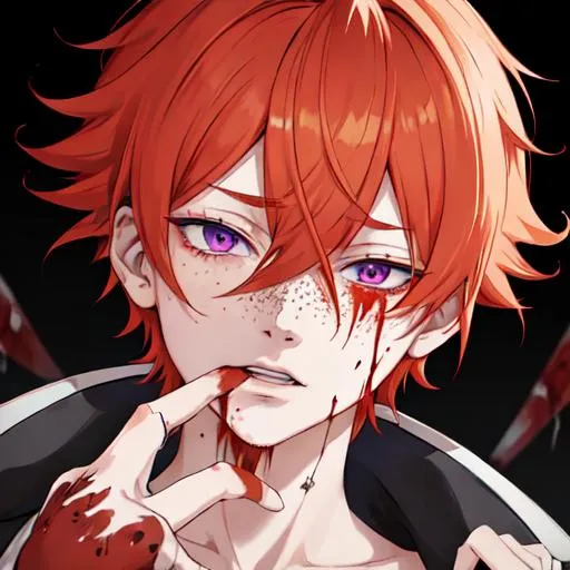 Prompt: Erikku male adult (short ginger hair, freckles, right eye blue left eye purple)  UHD, 8K, insane detail anime style, covered in blood, psychotic, covering his face with his hands, face covered in blood and cuts, blood highly detailed, looking to the side
