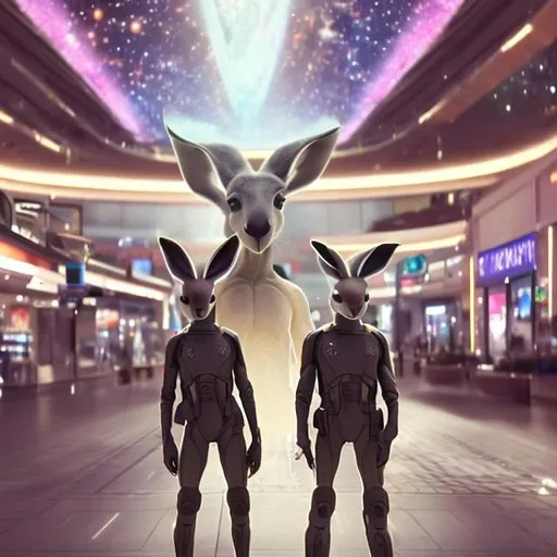 Prompt: Kangaroo security guards in a busy alien mall, widescreen, infinity vanishing point, galaxy background, surprise easter egg