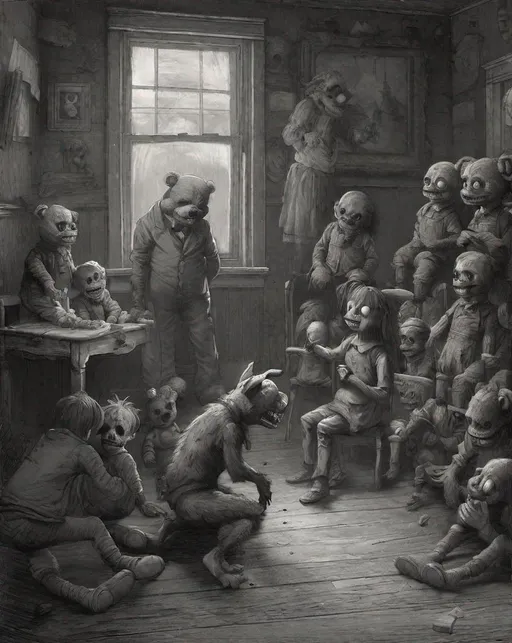 Prompt: Daycare Attendant, FNAF, little scary children horror Gustave Doré Greg Rutkowski