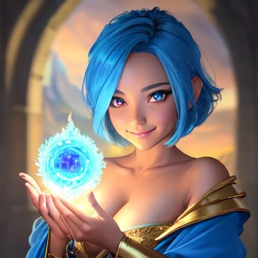 Prompt: oil painting, fantasy, Pixie girl, tanned-skinned-female, beautiful, bright blue hair, straight hair, rosy cheeks, smiling, looking at the viewer, Elemental sorceress wearing intricate robes casting a spell, #3238, UHD, hd , 8k eyes, detailed face, big anime dreamy eyes, 8k eyes, intricate details, insanely detailed, masterpiece, cinematic lighting, 8k, complementary colors, golden ratio, octane render, volumetric lighting, unreal 5, artwork, concept art, cover, top model, light on hair colorful glamourous hyperdetailed medieval city background, intricate hyperdetailed breathtaking colorful glamorous scenic view landscape, ultra-fine details, hyper-focused, deep colors, dramatic lighting, ambient lighting god rays, flowers, garden | by sakimi chan, artgerm, wlop, pixiv, tumblr, instagram, deviantart