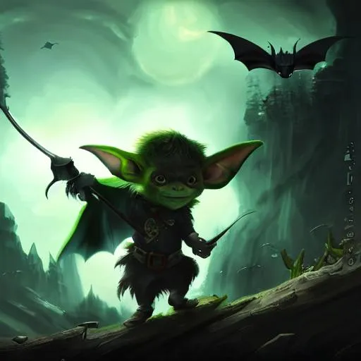 Prompt: Portrait painting of an adorable, cute,  goblin bow hunter swarmed by his friendly pet bats. With grey-green skin tone and elf ears. Dark atmospheric and cinematic lighting