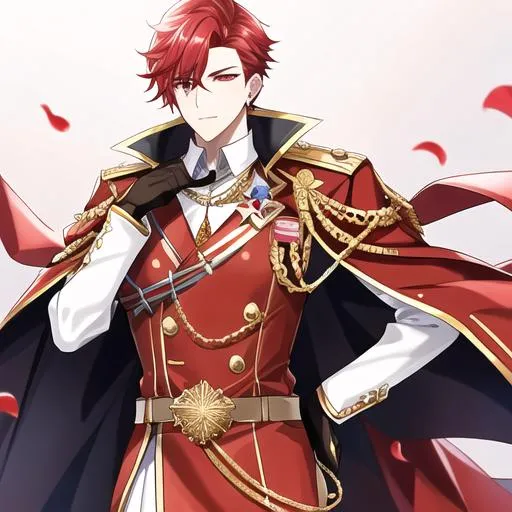 Prompt: Zerif male (Red half-shaved hair covering his right eye) 4k, wearing a royal uniform, hand over his chest bowing