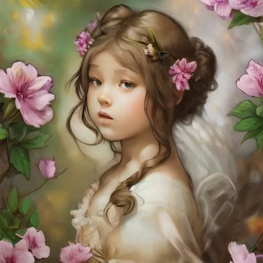 Prompt: light brown hair,  fairy goddess, cherry blossom flowers, butterflies, fairy goddess, closeup by Degas and Alphonse Mucha