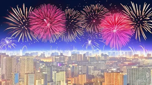 Prompt: fireworks, Japanese anime-style, above a city, seen from far away