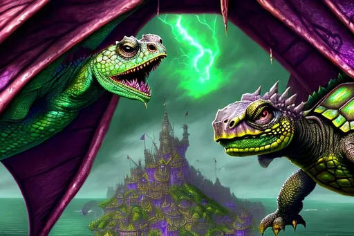 Prompt: Insanely detailed Dragon Turtle, Besieging a coastal city, Pathfinder, Dungeons & Dragons, Bestiary, Vivid and Intricate Details, Hyperdetailed, Photorealism, Film Quality, Horror, Fantasy, Dark Fantasy, WLOP, Greg Rutkowski, cool colors, deep color, green and magenta, 4K, tornadic, thunderstorm