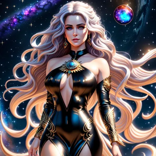 Prompt: A hyper realistic detailed full body image of a flying feminine ((sexy woman)) who has ((celestial goddess in eyes)), ((universe in hair)) with ((sexy outfit)) with a plunging neckline, balayage wild hair, highly detailed, digital painting, Trending on artstation, HD quality, ((Yennefer)), ((by Prywinko)), ((huge breast)), ((sexy)),