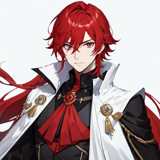 Prompt: Zerif 1male (Red side-swept hair covering his right eye) wearing a black royal suit, white cape, 