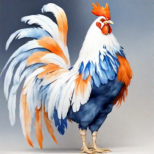 Prompt: Alcaire Blue Rooster, white head feathers, red rooster crest, deep blue body feathers, orange and sky-blue wings, blue and white tail, orange legs, masterpiece, best quality, (in watercolor painting style)