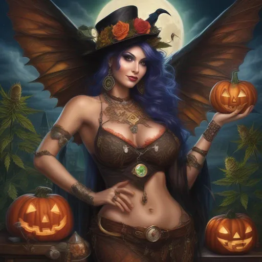 Prompt:  ((Wide angle)). ((Hyper real painting)). Halloween night.  Shes a ((colorful)), steam punk, belly dancer, Witch. A ((spectacular)), winged, Cannabis fairy. ((An extremely beautiful)), buxom,  shapely woman with, ((Anatomically real hands)), and ((vivid)), ((colorful)), ((extremely, bright eyes)),  wearing a skimpy, ((colorful)), ((gossamer)), ((flowing outfit)).  ((high res detailed illustration)). ((Sony a7 IV)). ((Cinematic)). ((Epic)). ((Concept art)). ((Glimpse render)). 