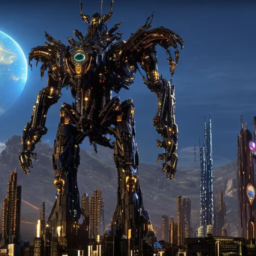 Prompt: A gothic 200 foot mech droid towering over a city(((( pacific rim, pacific rim, pacific rim, pacific rim, laser arm, laser arm, laser arm, blue and gold, blue and gold, blue and gold, giant laser arm, lasers, lasers, lasers, lasers