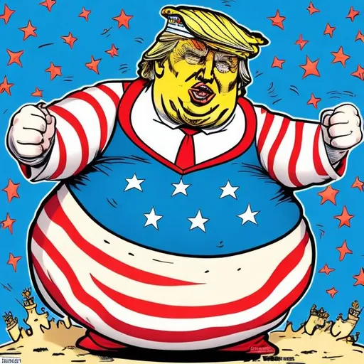 Prompt: Obese Trump as king with stars and stripes, bright colored, Sergio Aragonés MAD Magazine cartoon style 