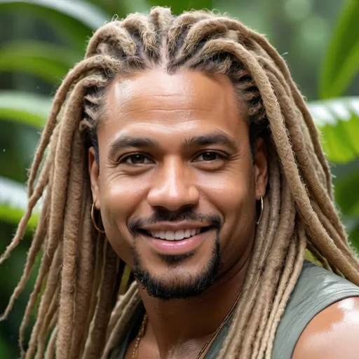 Prompt: long shot with a very handsome, middle-aged Afro-Latino hunky hairy chubby man with longer sandy brown curled dreadlocks, light eyes, thick pink lips, "hyperreal detailed face", calm smile, attractive pink lips, whole body in shot, rain forest, travel shot, soaked, detailed facial features, detailed locs, hyperreal, perfect composition, hyperrealistic, super detailed, 8k, high quality, sharp focus, studio photo, photography, natural light, intricate details, highly detailed, hyperrealistic, very long hair locs, soaked
